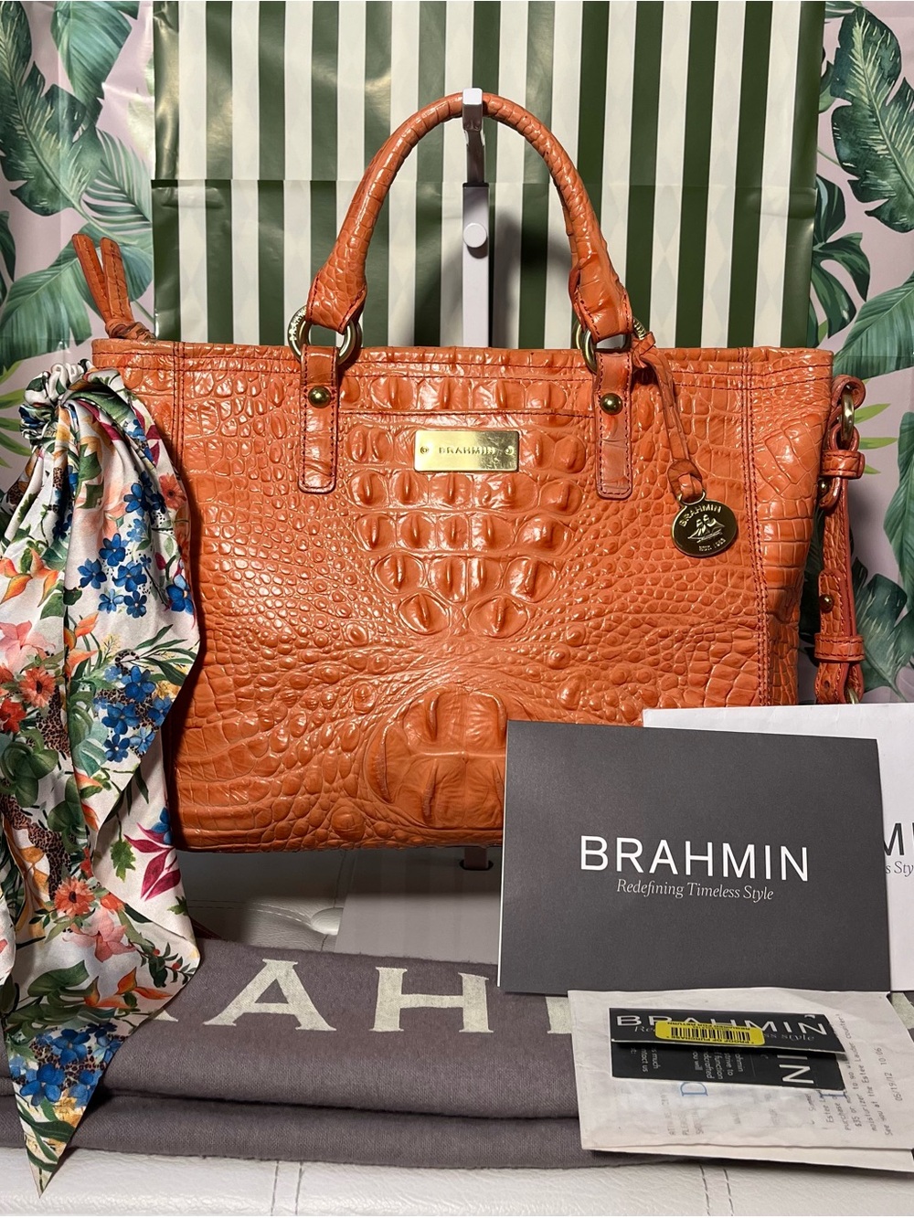 Brahmin Coral Croc-Embossed Leather Satchel